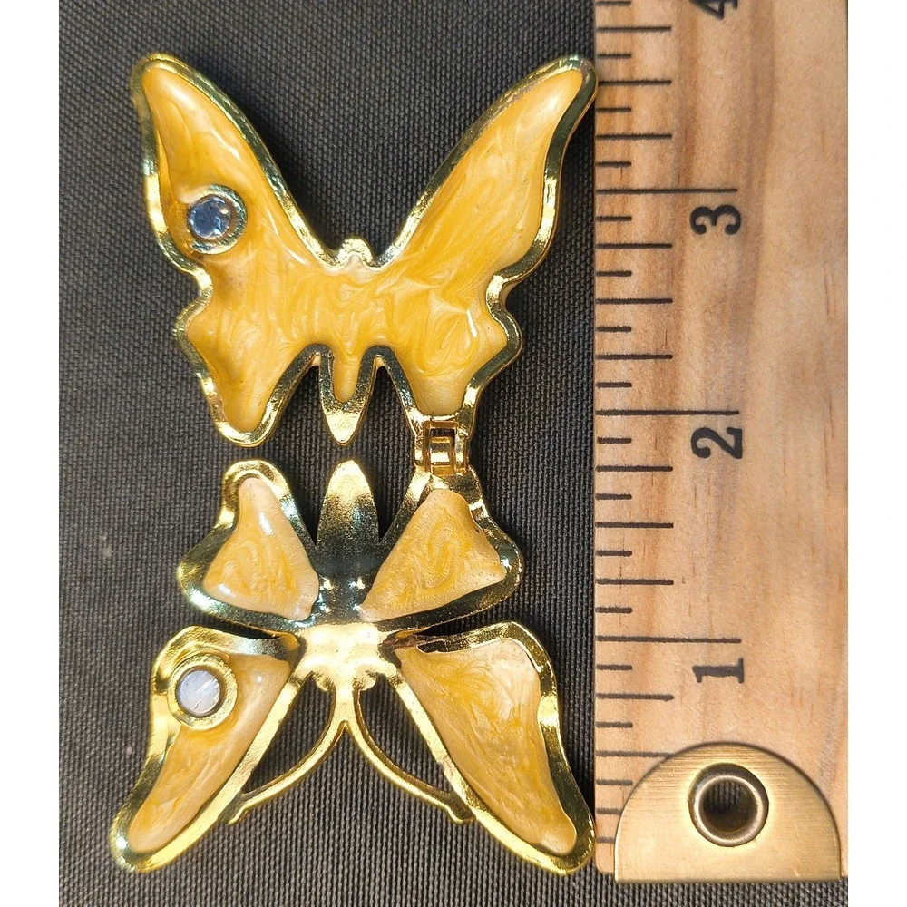 Vintage Butterfly Trinket Pill Box Gold Tone Enamel Rhinestone Hinged